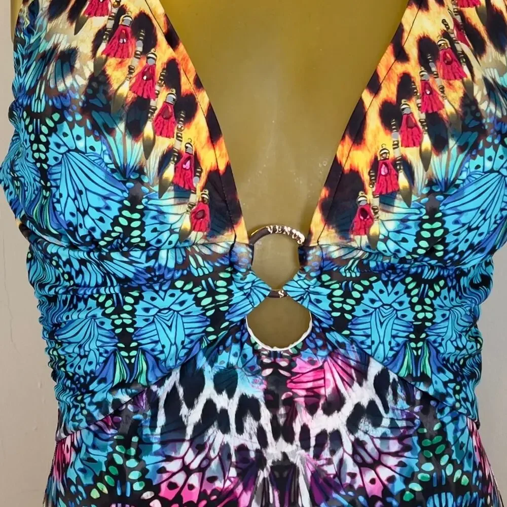 Venus Jungle Party One-Piece Swimsuit V-Neck Gold Ring Animal Print Womens 12